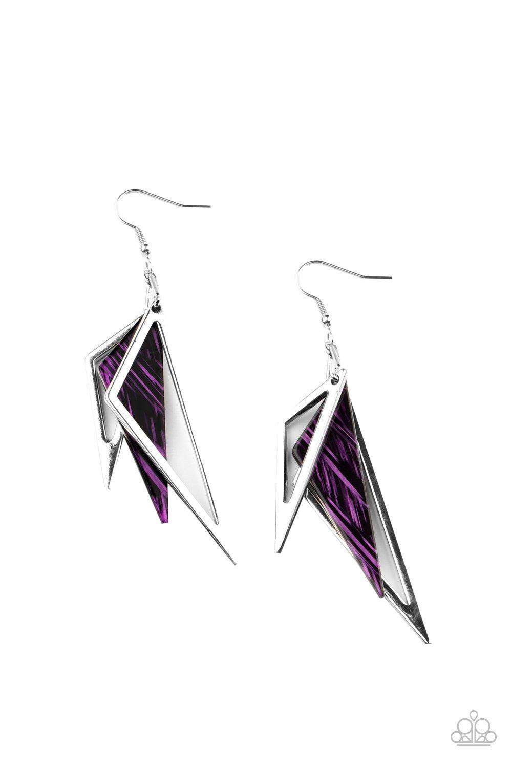 Evolutionary Edge Purple Acrylic and Silver Abstract Earrings - Paparazzi Accessories - lightbox -CarasShop.com - $5 Jewelry by Cara Jewels