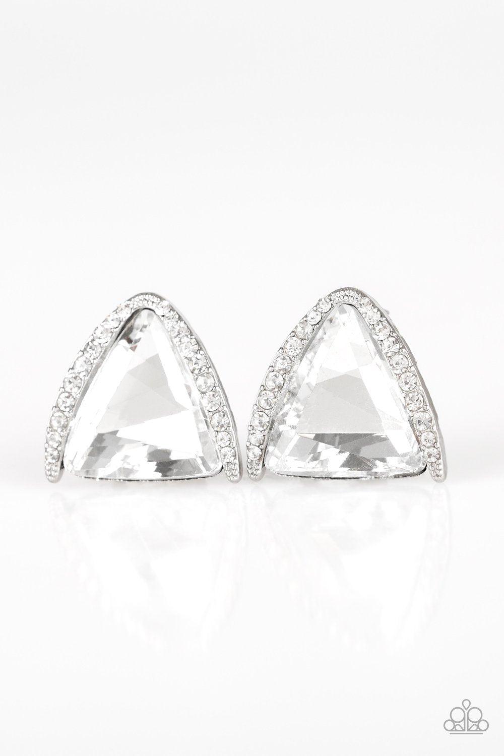 Exalted Elegance White Rhinestone Post Earrings - Paparazzi Accessories - lightbox -CarasShop.com - $5 Jewelry by Cara Jewels