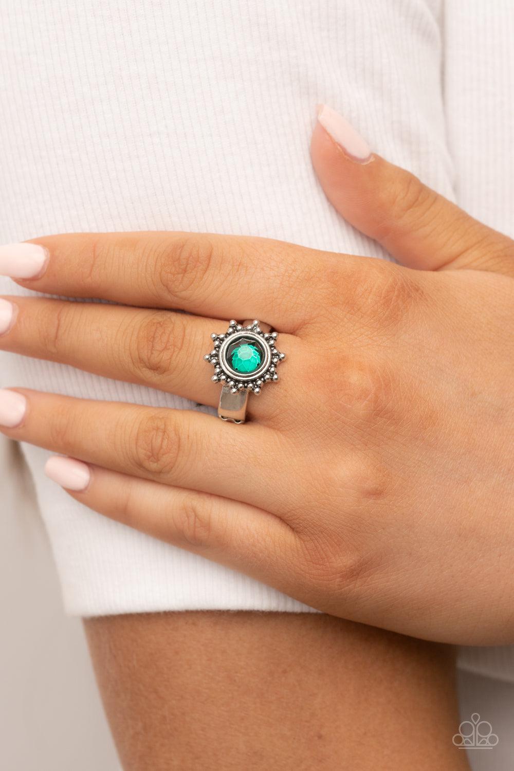 Expect Sunshine and REIGN Green Rhinestone Ring - Paparazzi Accessories- lightbox - CarasShop.com - $5 Jewelry by Cara Jewels