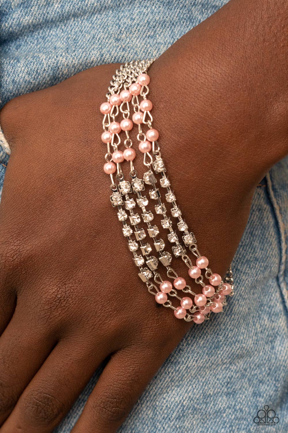 Experienced in Elegance Pink Pearl &amp; White Rhinestone Bracelet - Paparazzi Accessories-on model - CarasShop.com - $5 Jewelry by Cara Jewels