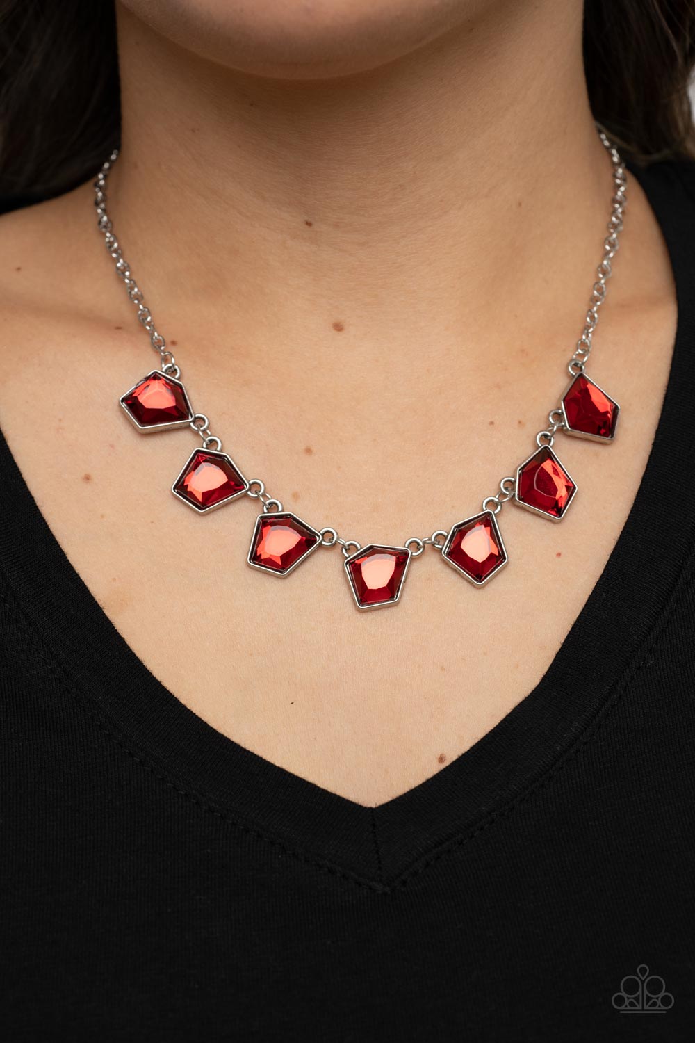 Experimental Edge Red Rhinestone Necklace - Paparazzi Accessories-on model - CarasShop.com - $5 Jewelry by Cara Jewels