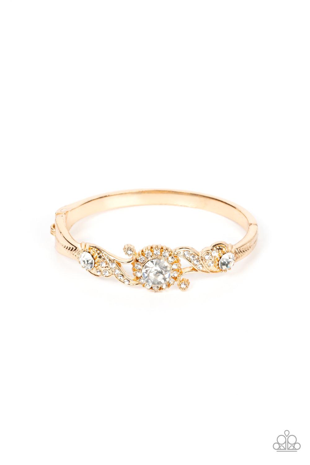 Expert Elegance Gold &amp; White Rhinestone Bracelet - Paparazzi Accessories- lightbox - CarasShop.com - $5 Jewelry by Cara Jewels