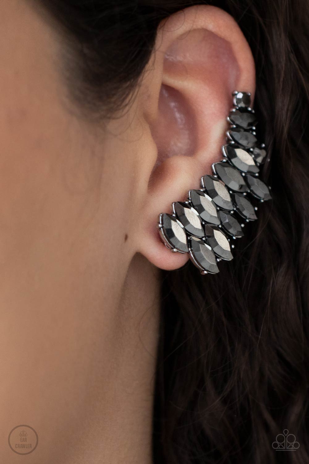 Explosive Elegance Silver Ear Crawler Earrings - Paparazzi Accessories- on model - CarasShop.com - $5 Jewelry by Cara Jewels