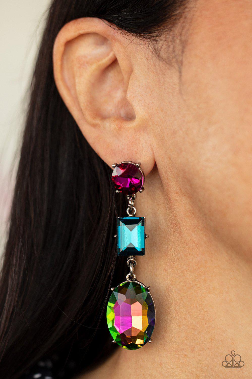 Extra Envious Multi Pink, Blue and Oil Spill Rhinestone Earrings - Paparazzi Accessories 2021 Convention Exclusive- model - CarasShop.com - $5 Jewelry by Cara Jewels