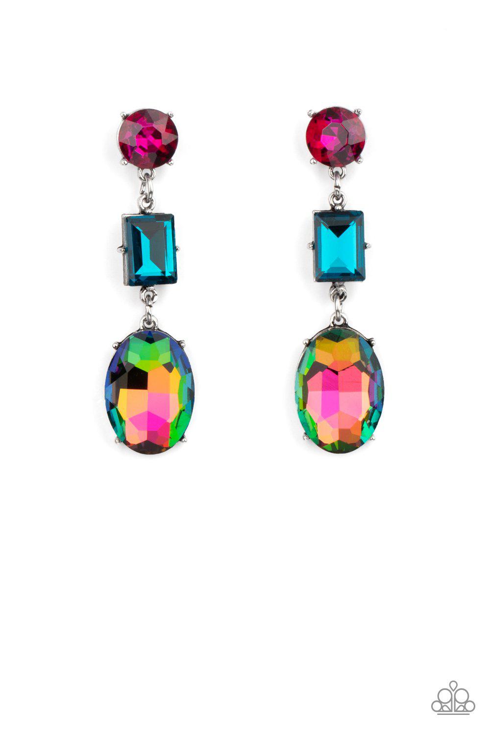 Extra Envious Multi Pink, Blue and Oil Spill Rhinestone Earrings - Paparazzi Accessories 2021 Convention Exclusive- lightbox - CarasShop.com - $5 Jewelry by Cara Jewels