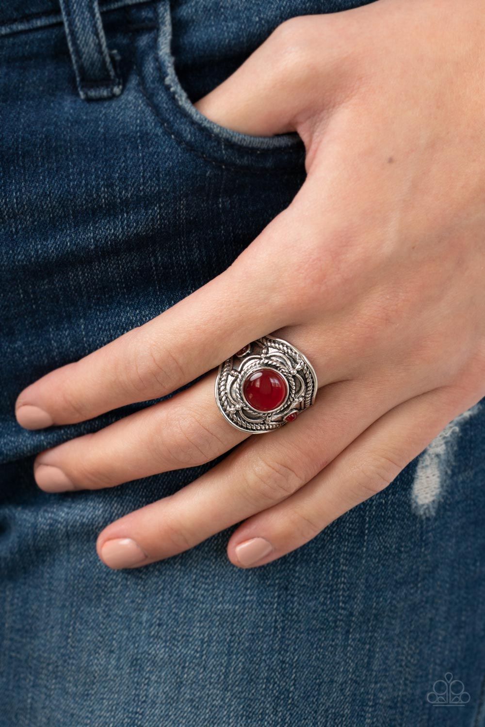 Exuberant Escapade Red Cat&#39;s Eye Ring - Paparazzi Accessories-on model - CarasShop.com - $5 Jewelry by Cara Jewels