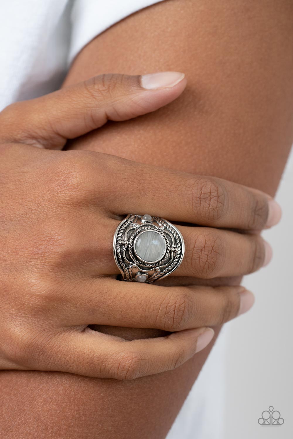 Exuberant Escapade White Cat&#39;s Eye Stone Ring - Paparazzi Accessories-on model - CarasShop.com - $5 Jewelry by Cara Jewels
