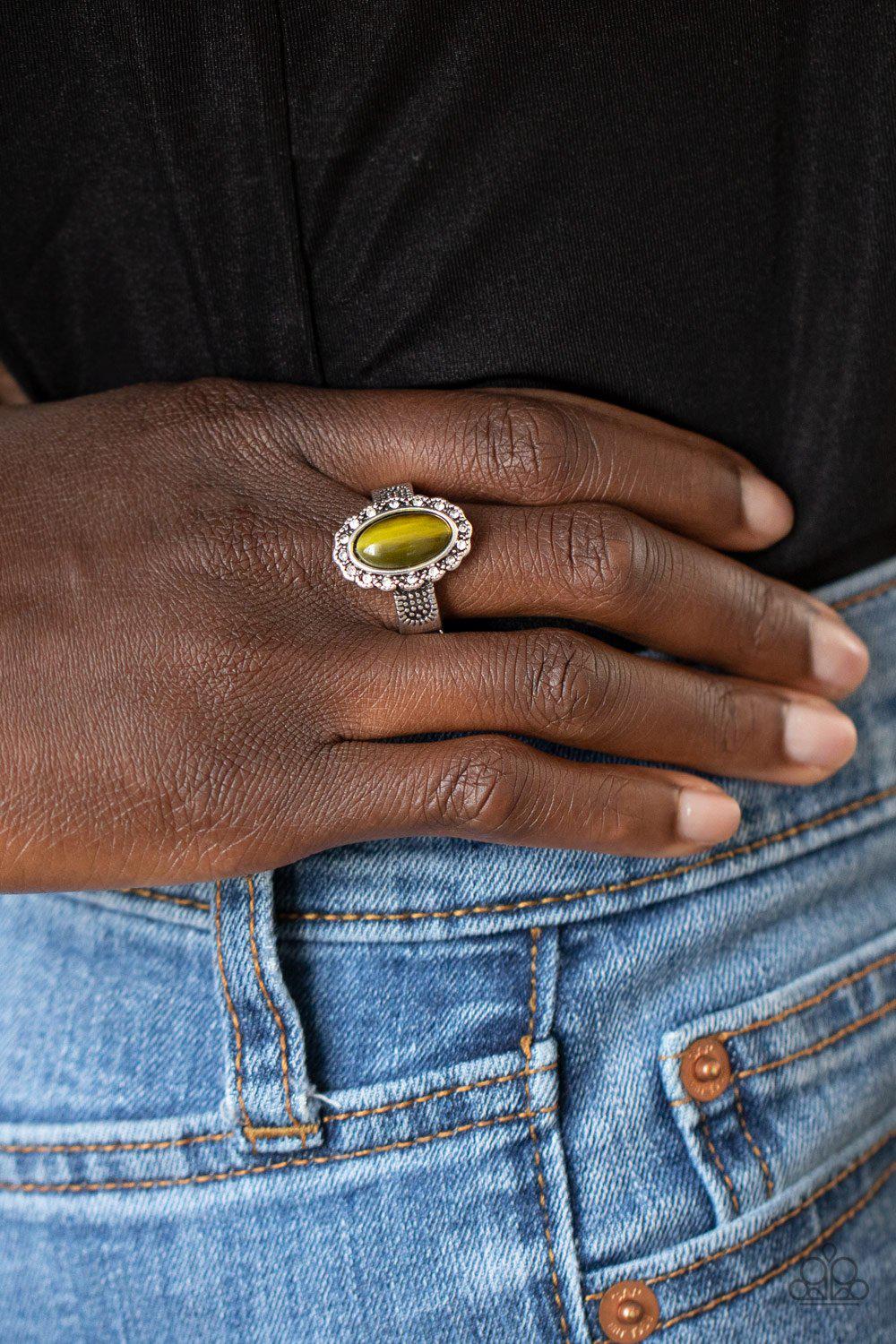 Fabulously Flawless Olive Green Cat&#39;s Eye Stone Ring - Paparazzi Accessories - model -CarasShop.com - $5 Jewelry by Cara Jewels