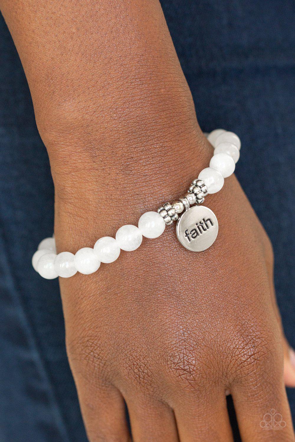 FAITH It, Till You Make It White Stone Stretch Bracelet - Paparazzi Accessories-CarasShop.com - $5 Jewelry by Cara Jewels