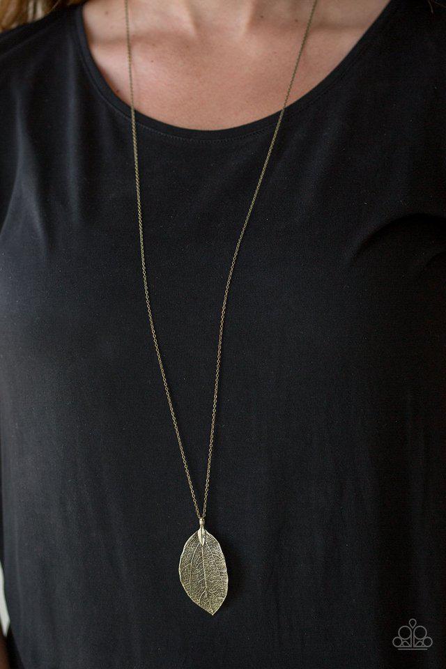 Fall Foliage Brass Necklace - Paparazzi Accessories-on model - CarasShop.com - $5 Jewelry by Cara Jewels