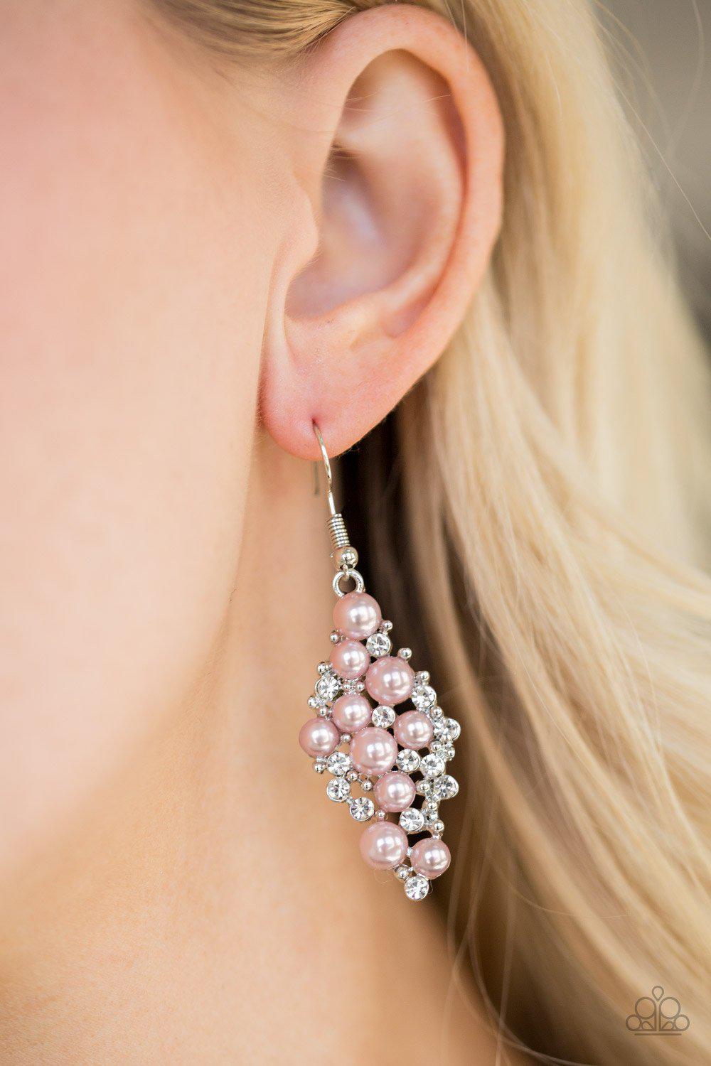 Famous Fashion Pink Pearl Earrings - Paparazzi Accessories - model -CarasShop.com - $5 Jewelry by Cara Jewels