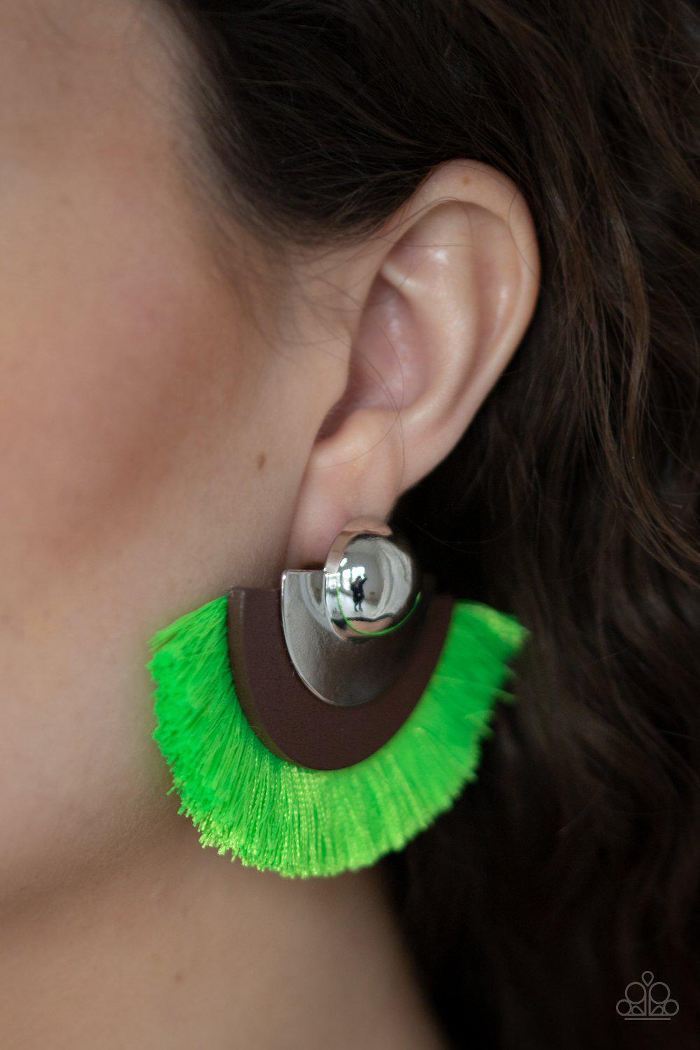 Fan The FLAMBOYANCE Neon Green Fringe Earrings - Paparazzi Accessories-CarasShop.com - $5 Jewelry by Cara Jewels