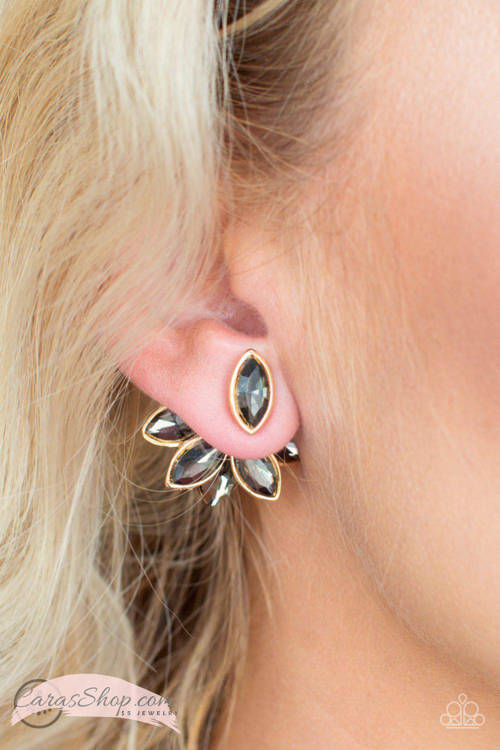 Fanciest Of Them All Smoky Gem and Gold Double-sided Post Earrings - Paparazzi Accessories-CarasShop.com - $5 Jewelry by Cara Jewels