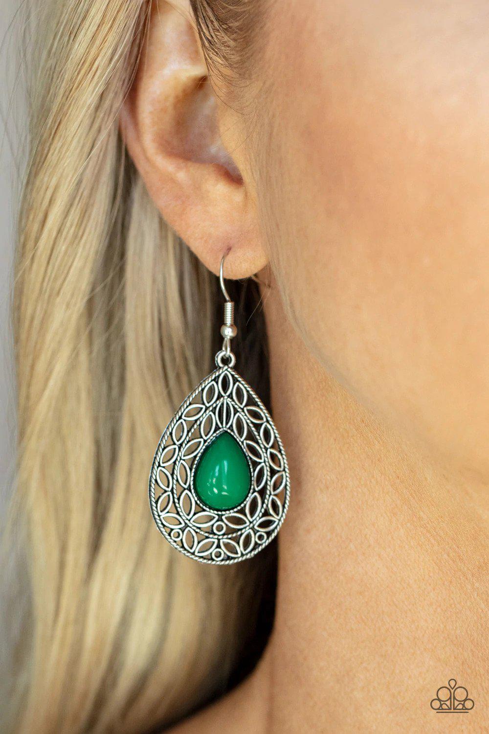 Fanciful Droplets Green Earrings - Paparazzi Accessories- on model - CarasShop.com - $5 Jewelry by Cara Jewels