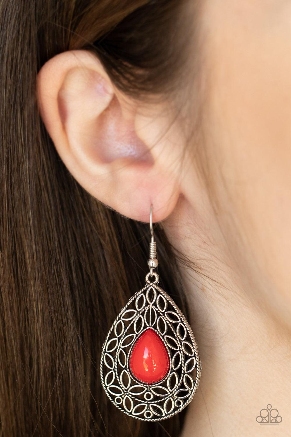 Fanciful Droplets Red Earrings - Paparazzi Accessories- on model - CarasShop.com - $5 Jewelry by Cara Jewels