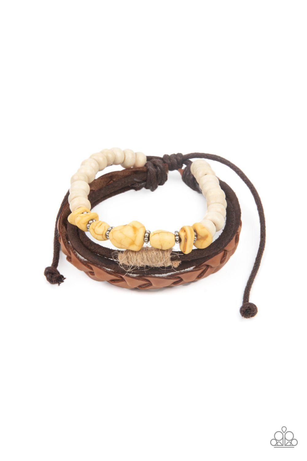 Far Out Wayfair Yellow Stone and Brown Leather Urban Knot Bracelet - Paparazzi Accessories- lightbox - CarasShop.com - $5 Jewelry by Cara Jewels
