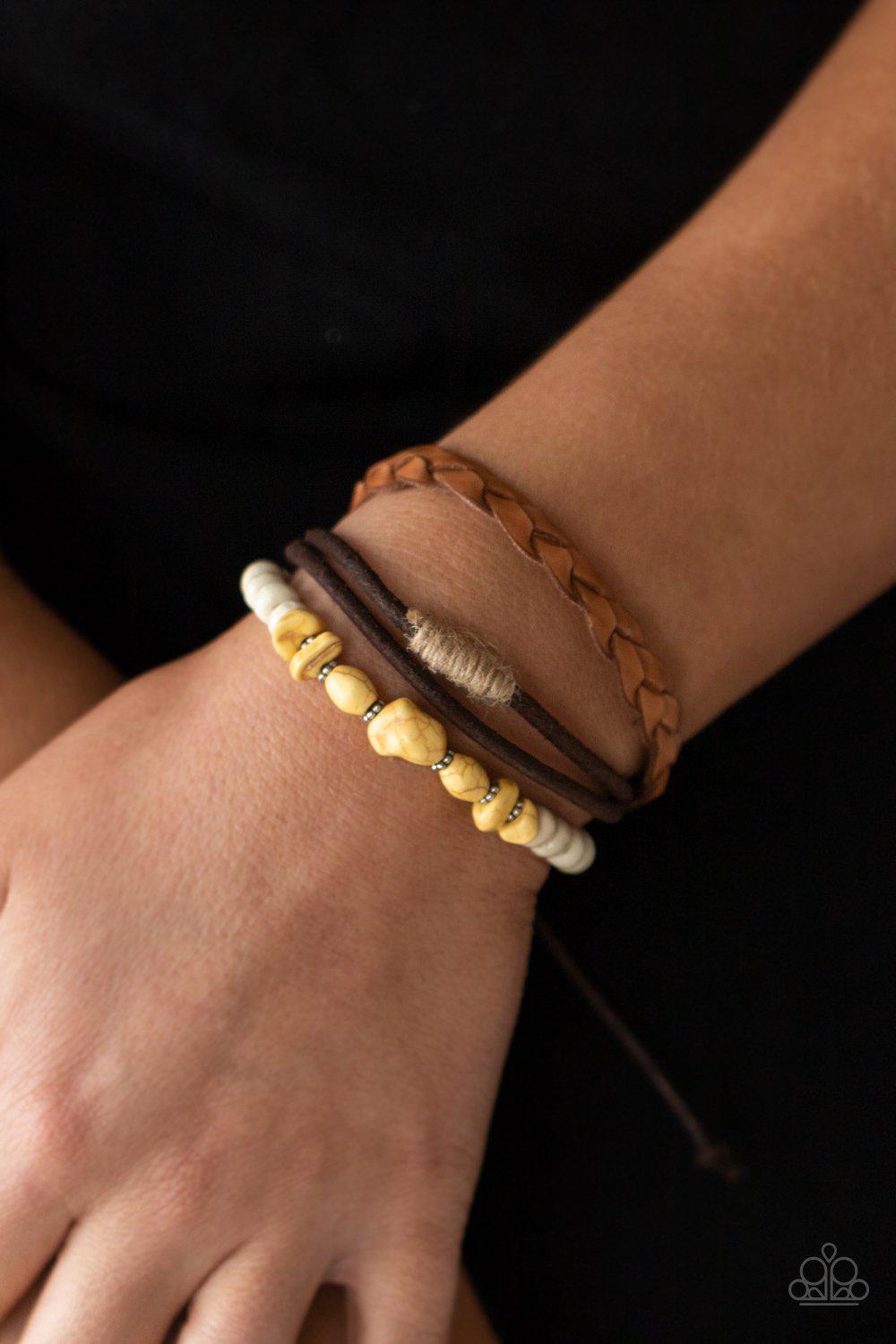 Far Out Wayfair Yellow Stone and Brown Leather Urban Knot Bracelet - Paparazzi Accessories- model - CarasShop.com - $5 Jewelry by Cara Jewels