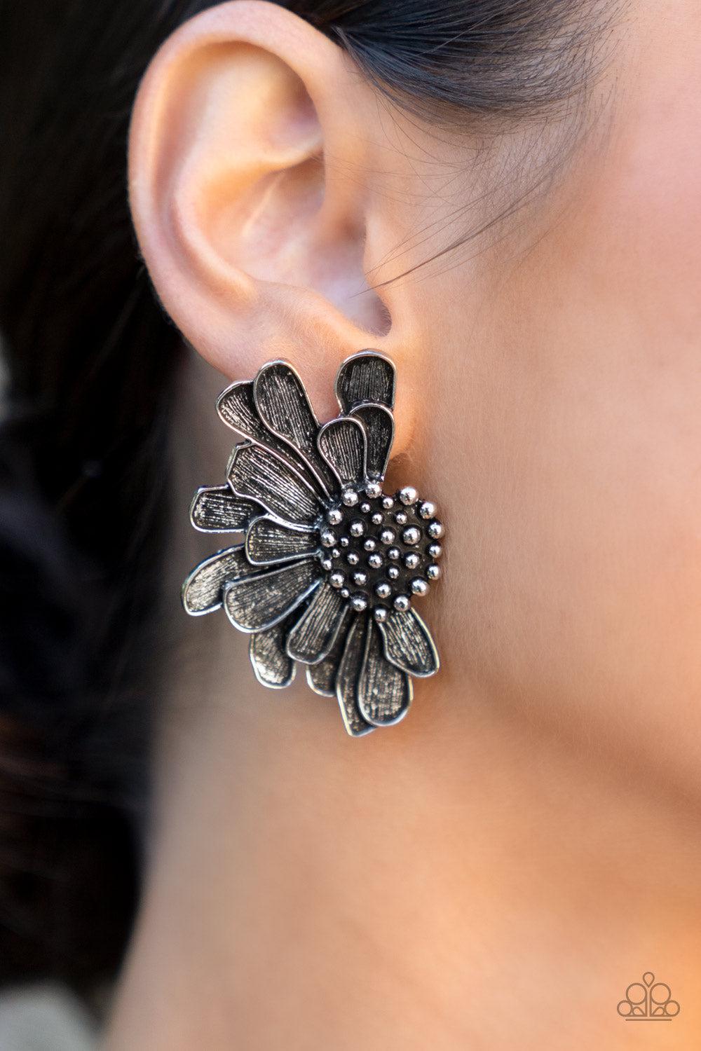 Farmstead Meadow Silver Flower Earrings - Paparazzi Accessories-on model - CarasShop.com - $5 Jewelry by Cara Jewels
