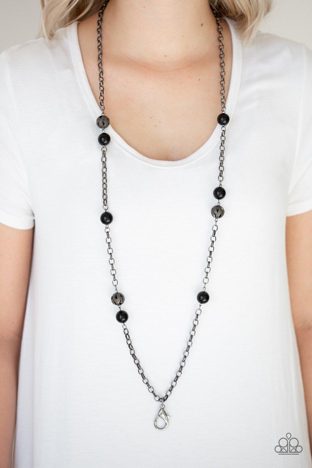Fashion Fad Black Lanyard Necklace - Paparazzi Accessories - model -CarasShop.com - $5 Jewelry by Cara Jewels