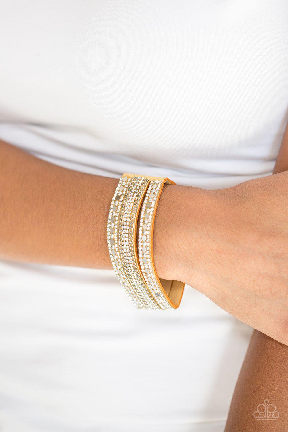 Fashion Fanatic Yellow and White Rhinestone Wrap Snap Bracelet - Paparazzi Accessories-CarasShop.com - $5 Jewelry by Cara Jewels