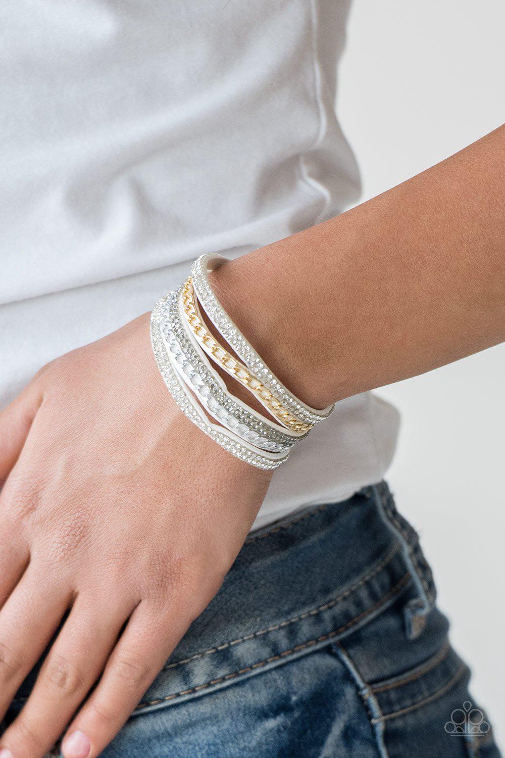 Fashion Fiend White, Silver and Gold Urban Wrap Snap Bracelet - Paparazzi Accessories- model - CarasShop.com - $5 Jewelry by Cara Jewels
