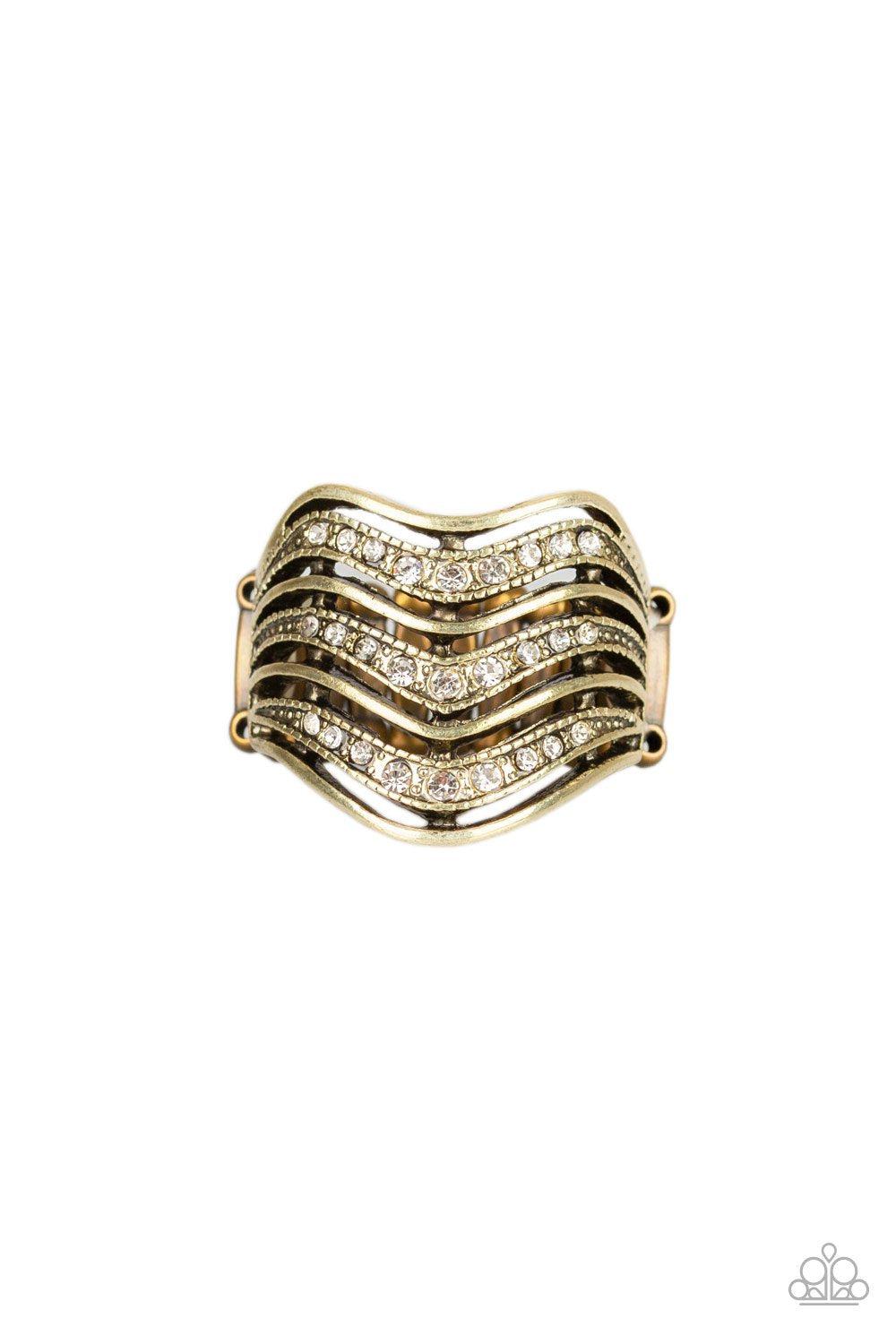 Fashion Finance Brass and Rhinestone Ring - Paparazzi Accessories-CarasShop.com - $5 Jewelry by Cara Jewels
