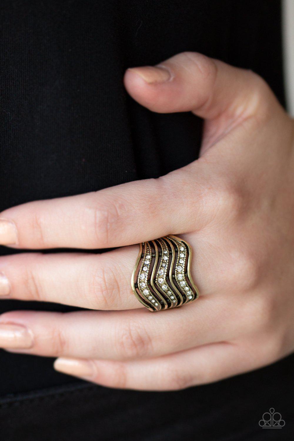 Fashion Finance Brass and Rhinestone Ring - Paparazzi Accessories-CarasShop.com - $5 Jewelry by Cara Jewels