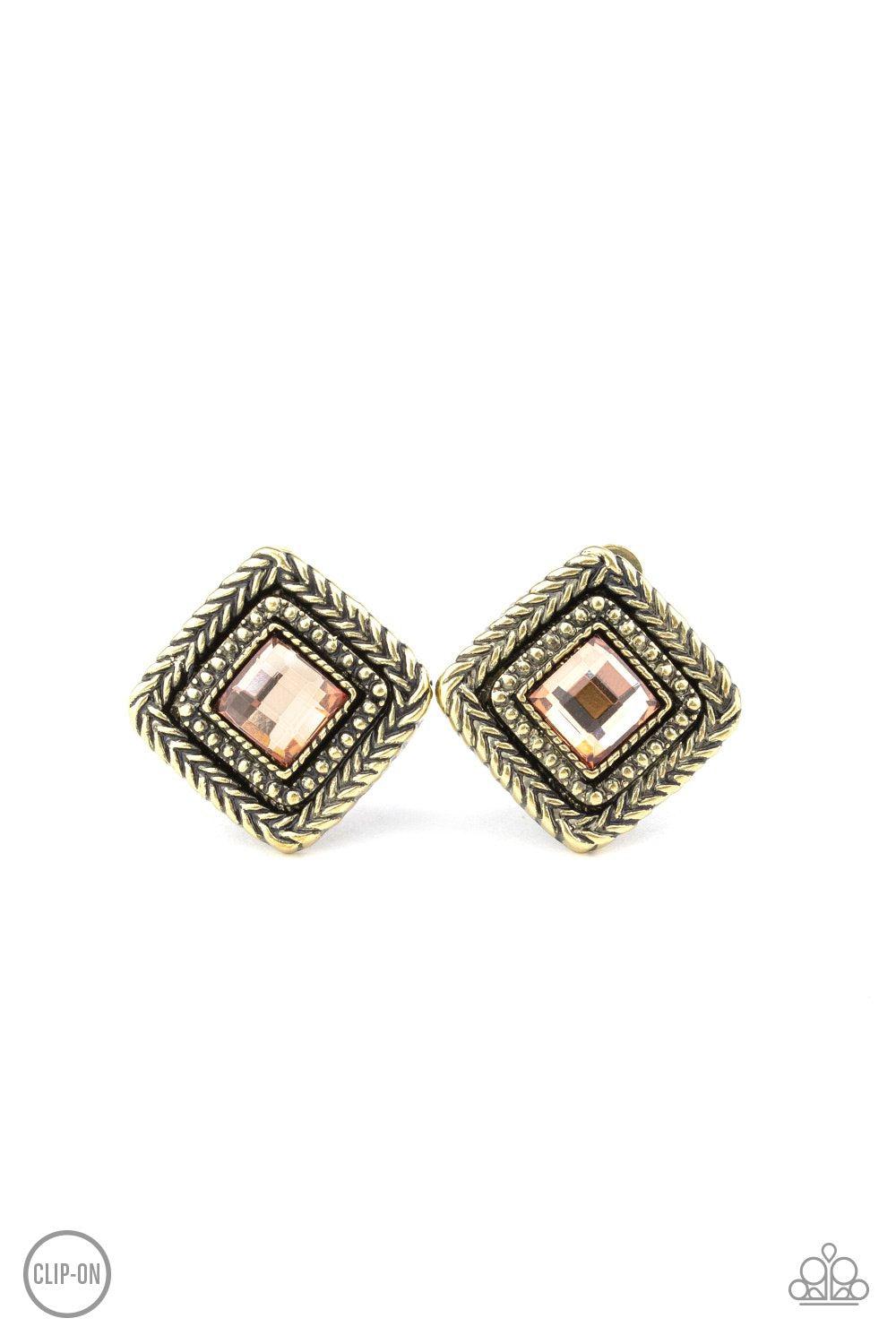 Fashion Square Brass Clip-On Earrings - Paparazzi Accessories - lightbox -CarasShop.com - $5 Jewelry by Cara Jewels