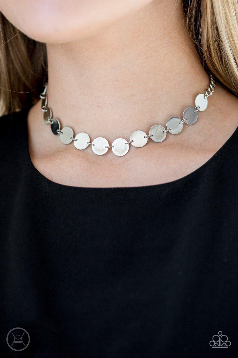 Faster Than SPOTLIGHT Silver Choker Necklace and matching Earrings - Paparazzi Accessories-CarasShop.com - $5 Jewelry by Cara Jewels