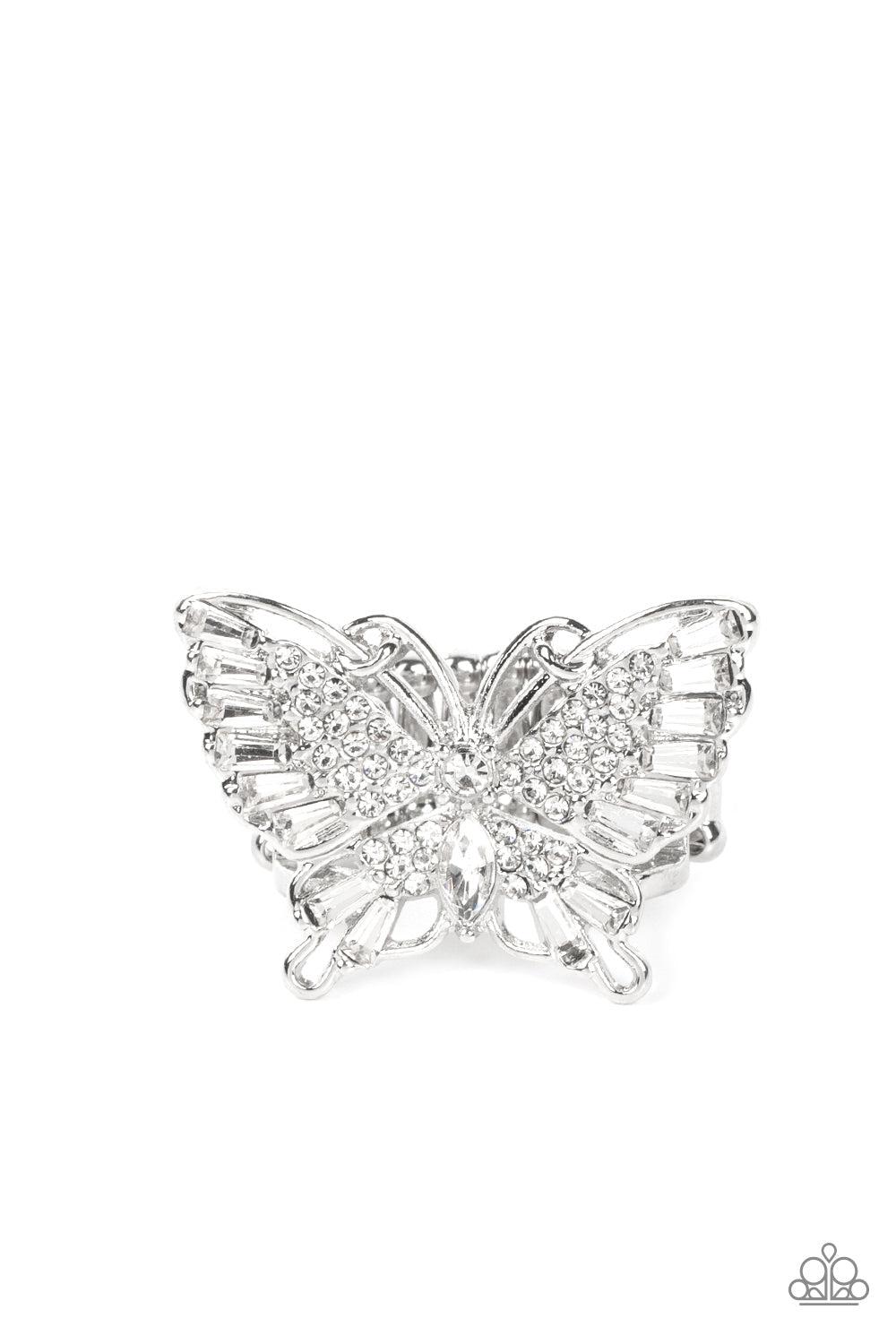 Fearless Flutter White Rhinestone Butterfly Ring - Paparazzi Accessories- lightbox - CarasShop.com - $5 Jewelry by Cara Jewels