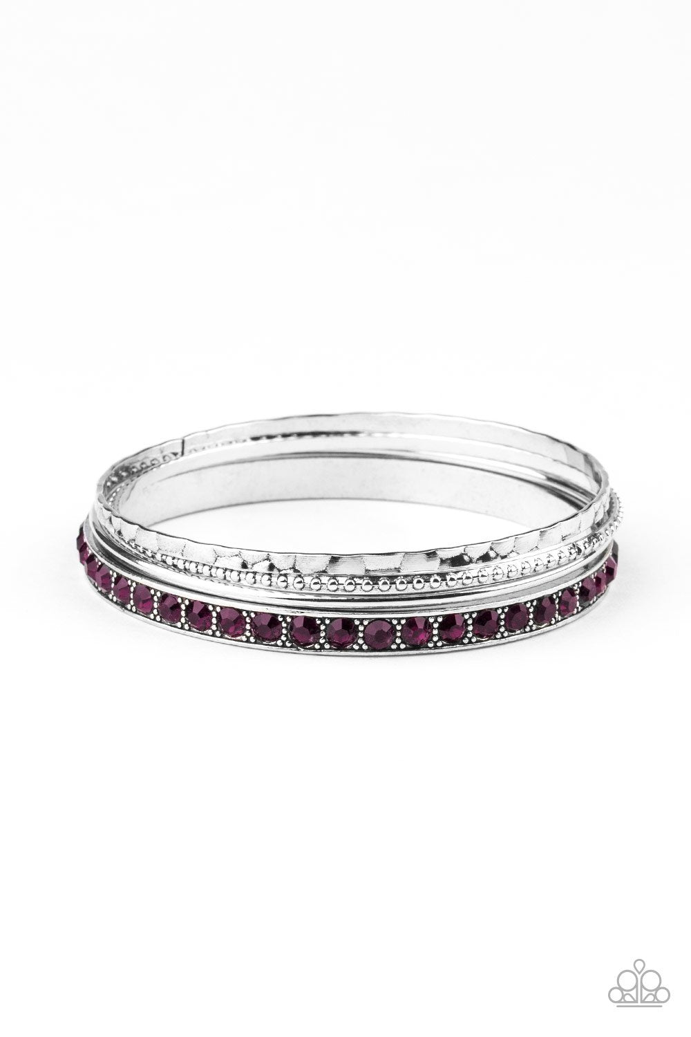 Fearless Shimmer Silver and Purple Rhinestone Bangle Bracelet Set - Paparazzi Accessories-CarasShop.com - $5 Jewelry by Cara Jewels