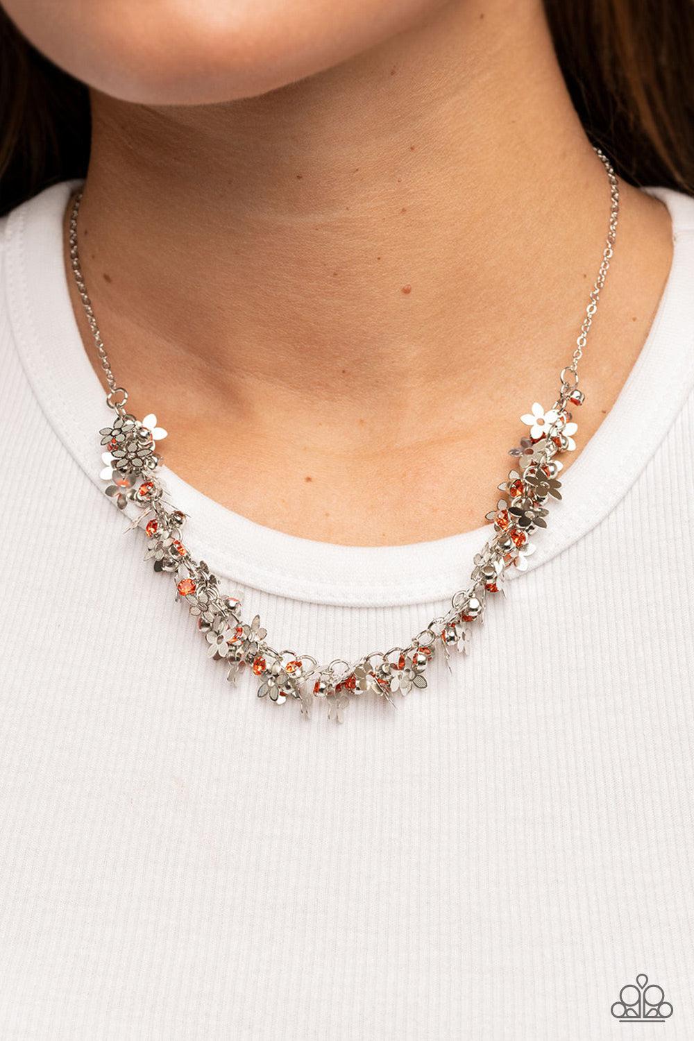 Fearlessly Floral Orange & Silver Flower Necklace - Paparazzi Accessories- lightbox - CarasShop.com - $5 Jewelry by Cara Jewels