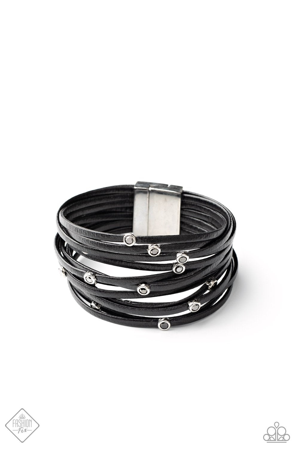 Fearlessly Layered Black Leather and Hematite Rhinestone Magnetic Bracelet - Paparazzi Accessories-CarasShop.com - $5 Jewelry by Cara Jewels