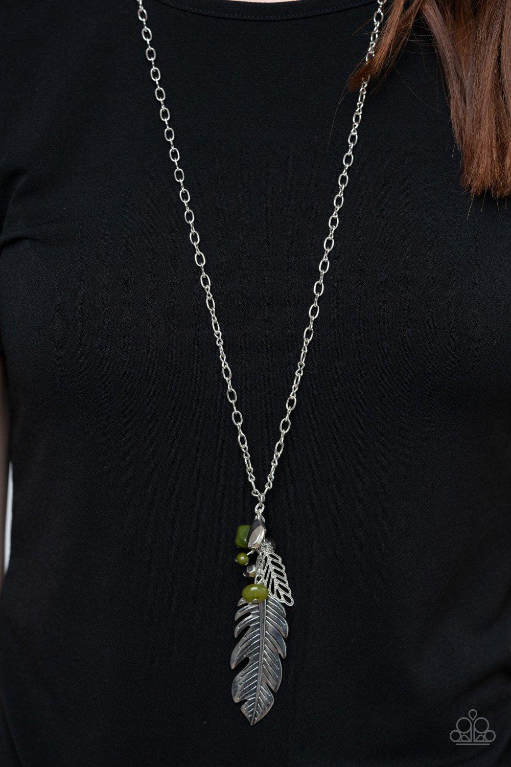 Feather Flair Green and Silver Feather Necklace - Paparazzi Accessories - model -CarasShop.com - $5 Jewelry by Cara Jewels