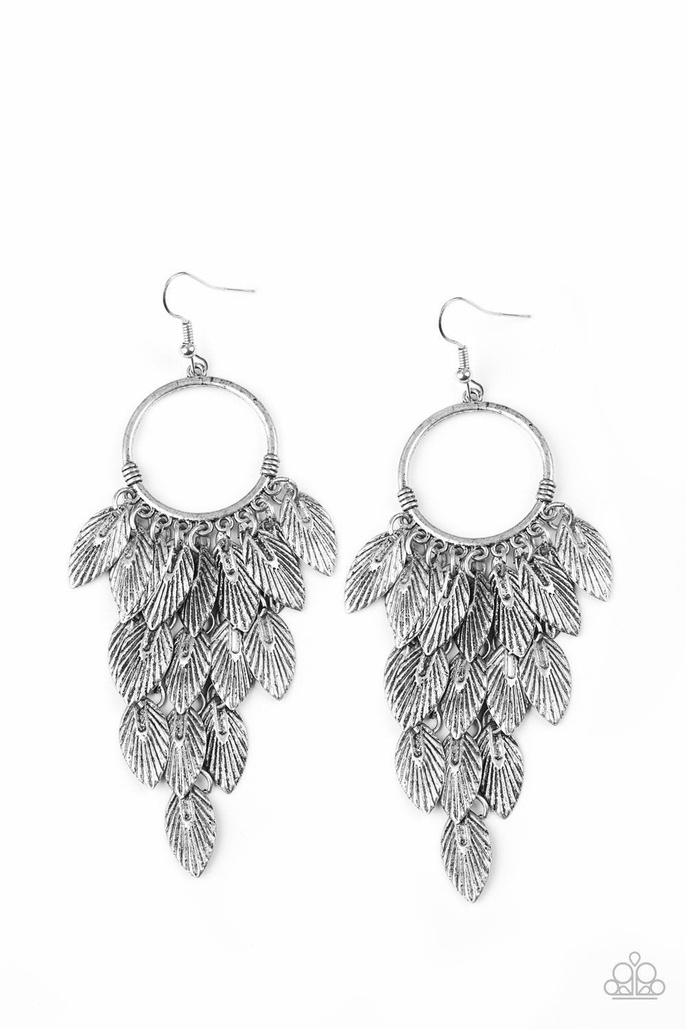 Feather Frenzy Silver Feather Earrings - Paparazzi Accessories-CarasShop.com - $5 Jewelry by Cara Jewels