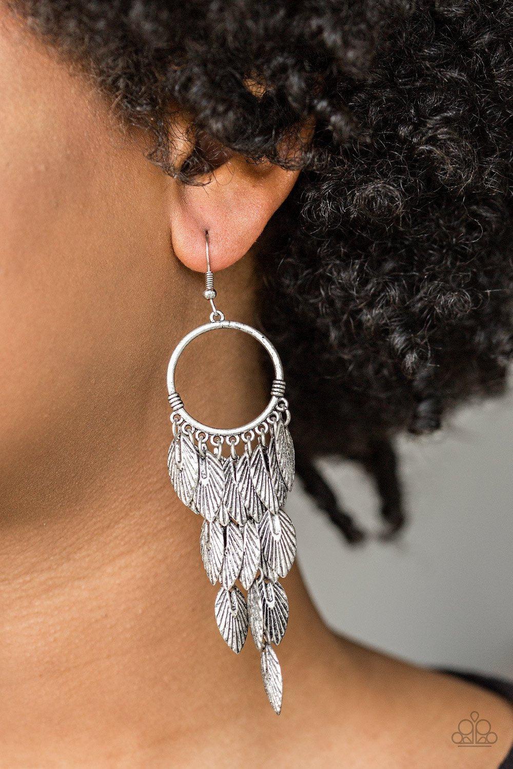 Feather Frenzy Silver Feather Earrings - Paparazzi Accessories-CarasShop.com - $5 Jewelry by Cara Jewels