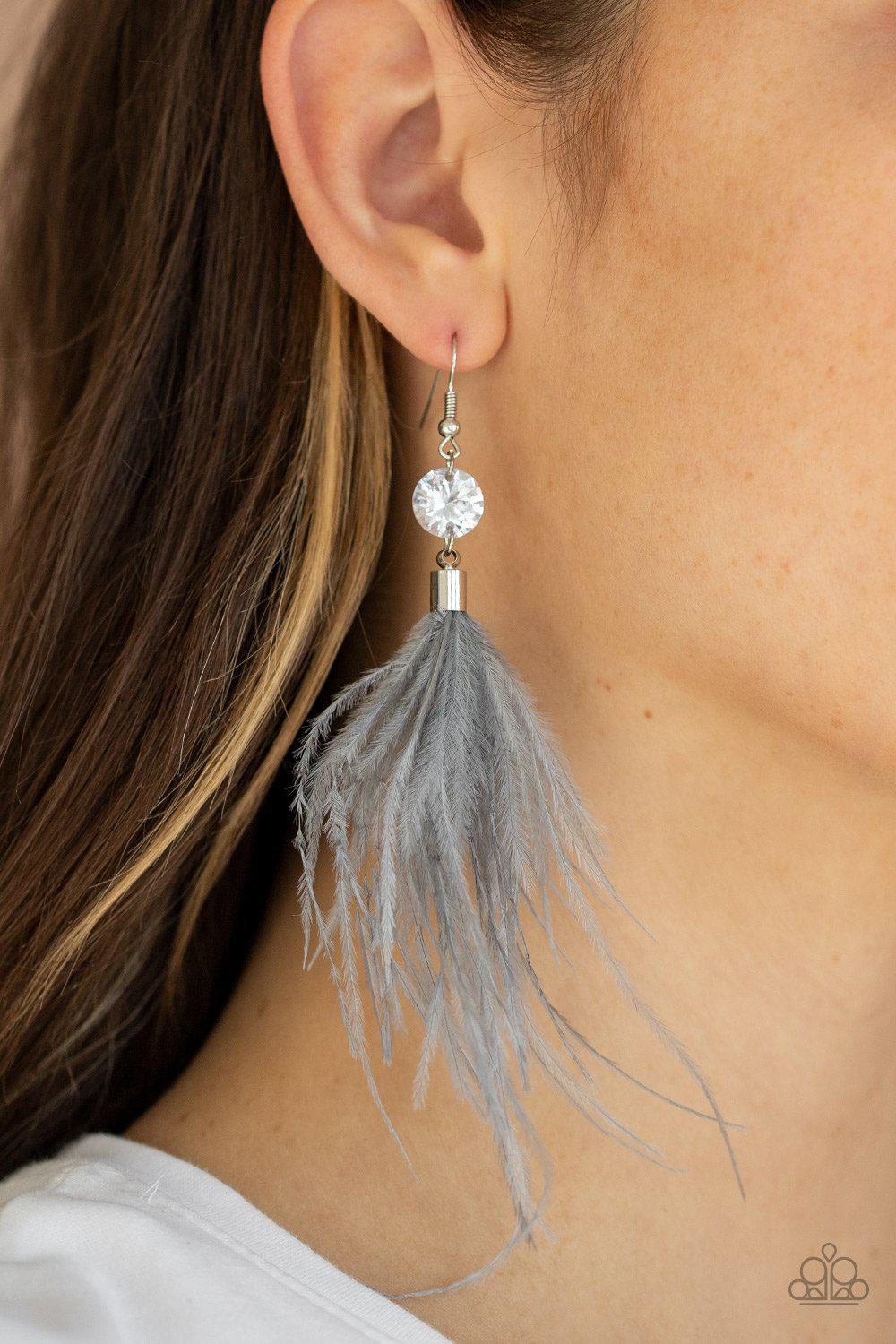 Feathered Flamboyance Silver Feather Earrings - Paparazzi Accessories-CarasShop.com - $5 Jewelry by Cara Jewels