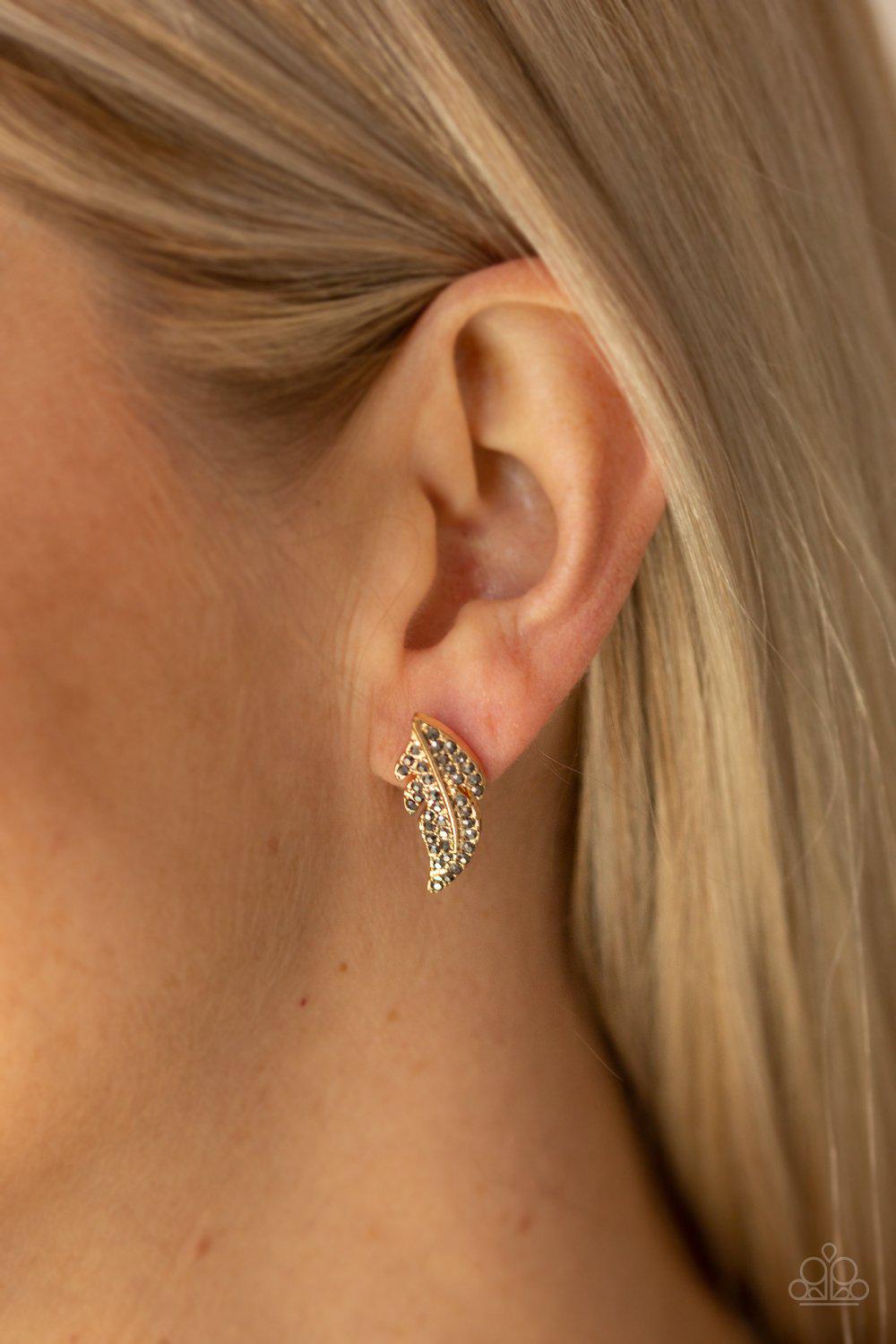 Feathered Fortune Gold and Hematite Post Earrings - Paparazzi Accessories-CarasShop.com - $5 Jewelry by Cara Jewels