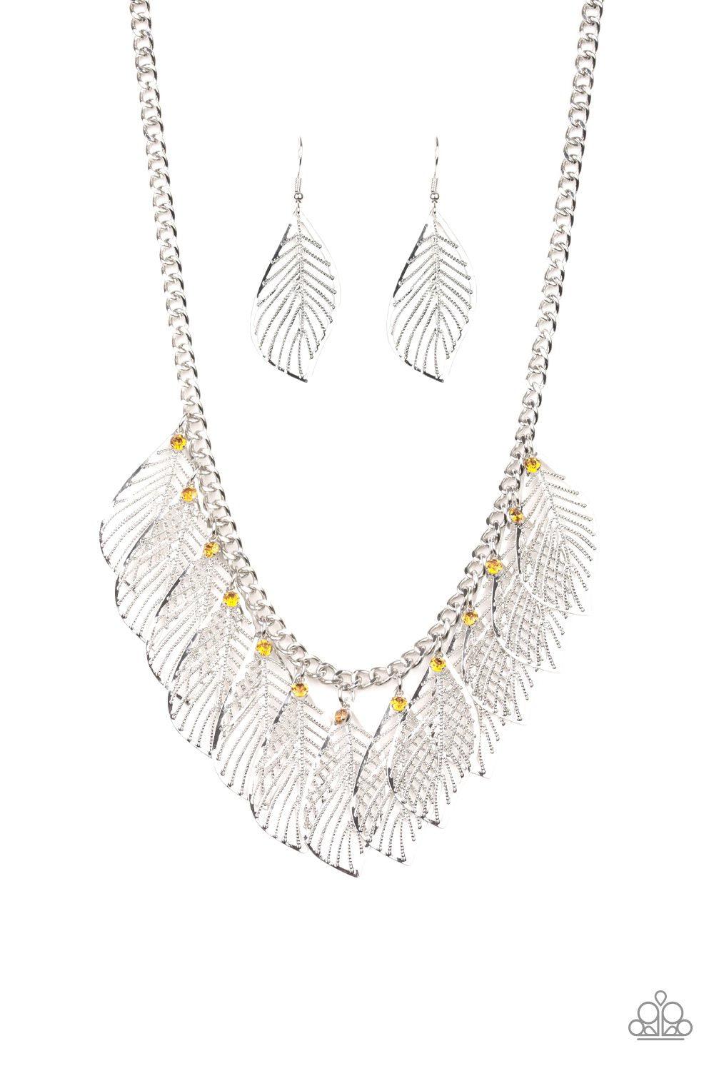 Feathery Foliage Silver and Yellow Necklace and matching Earrings - Paparazzi Accessories-CarasShop.com - $5 Jewelry by Cara Jewels