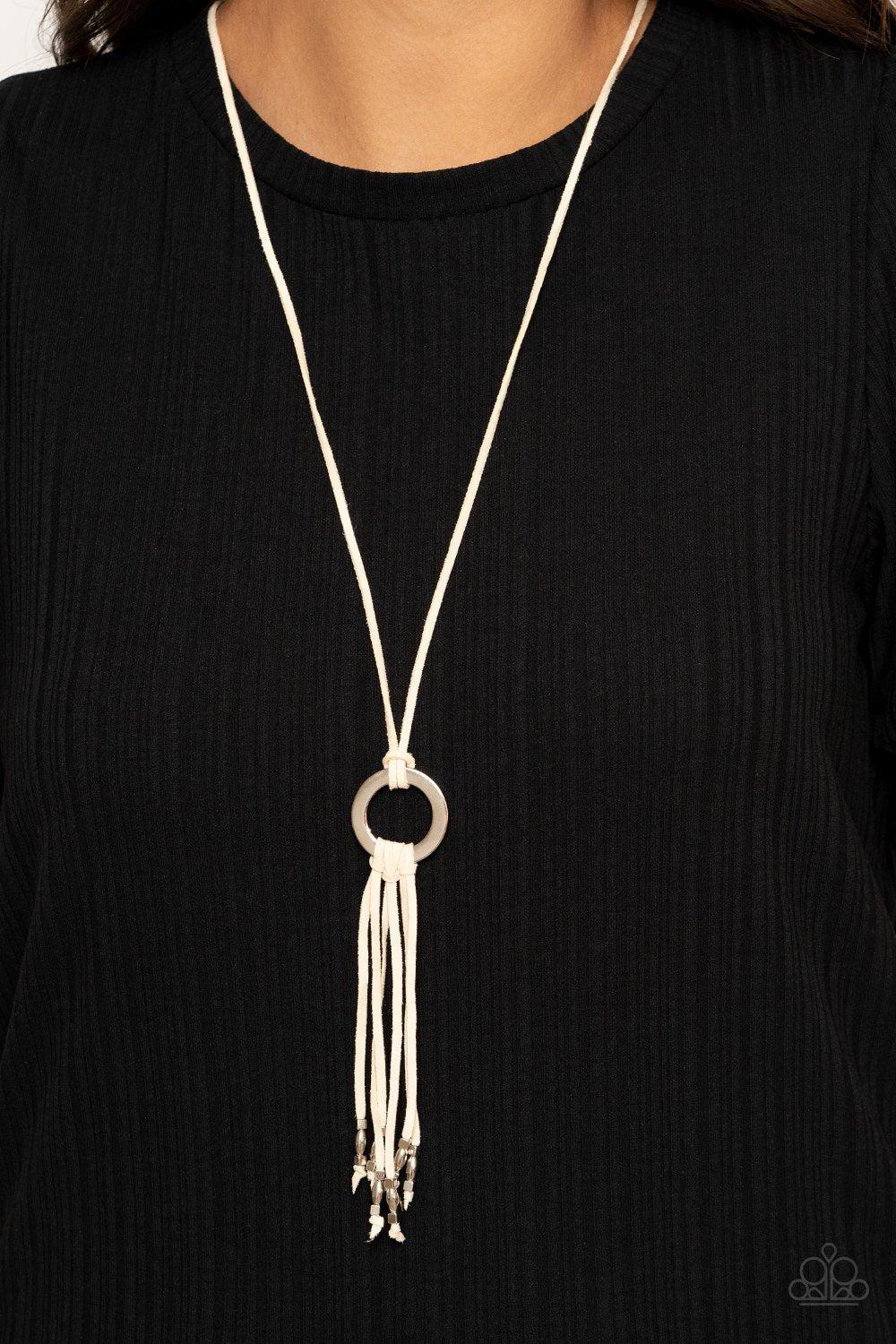 Feel at HOMESPUN White Suede and Silver Tassel Necklace - Paparazzi Accessories - model -CarasShop.com - $5 Jewelry by Cara Jewels