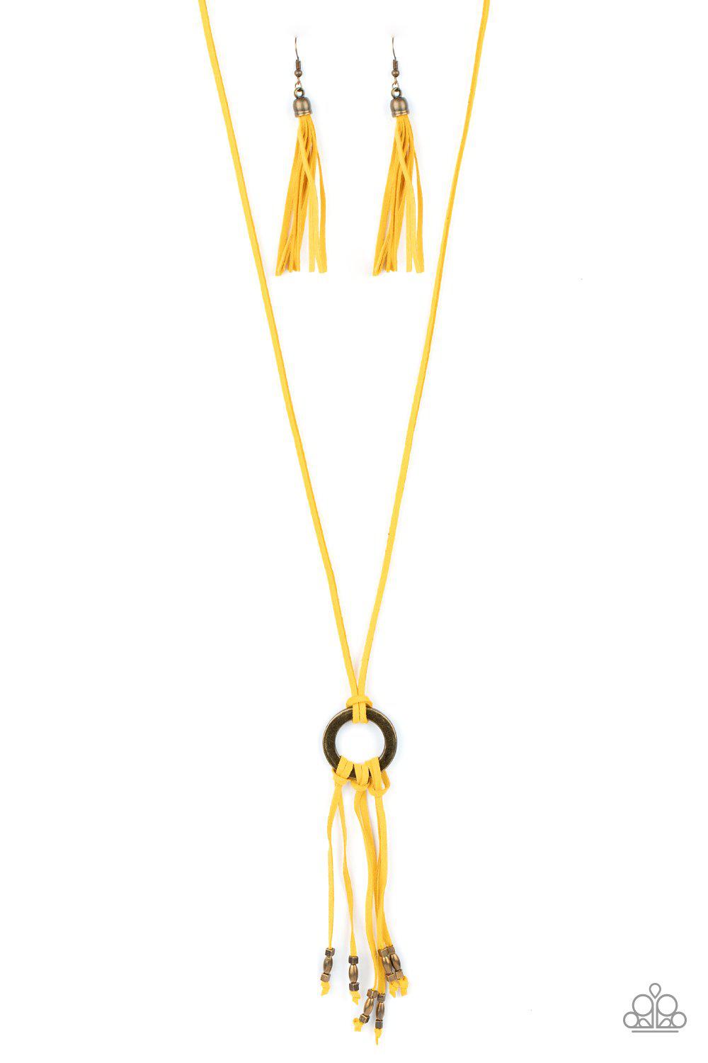 Feel at HOMESPUN Yellow Suede Tassel Necklace - Paparazzi Accessories - lightbox -CarasShop.com - $5 Jewelry by Cara Jewels