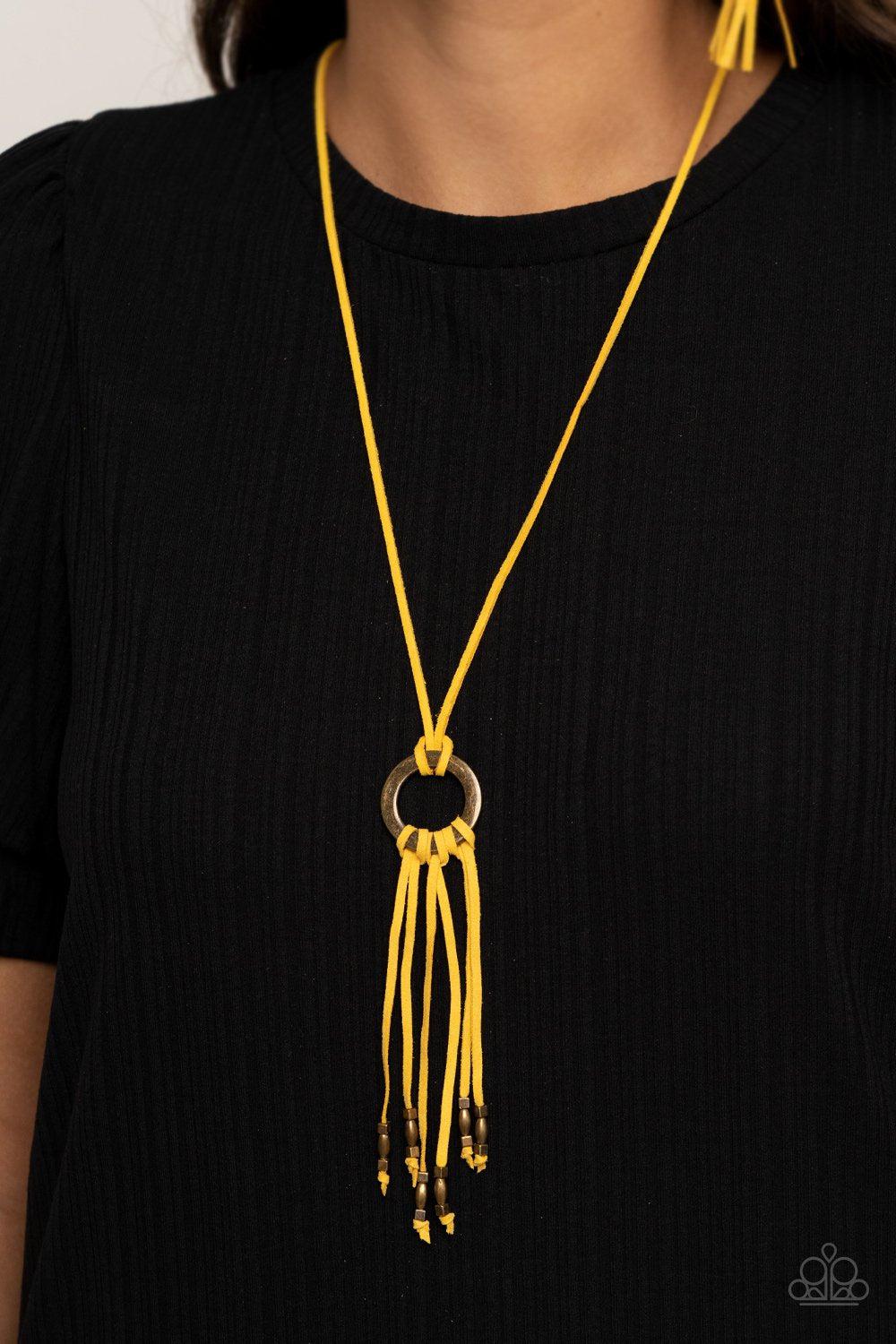 Feel at HOMESPUN Yellow Suede Tassel Necklace - Paparazzi Accessories - model -CarasShop.com - $5 Jewelry by Cara Jewels