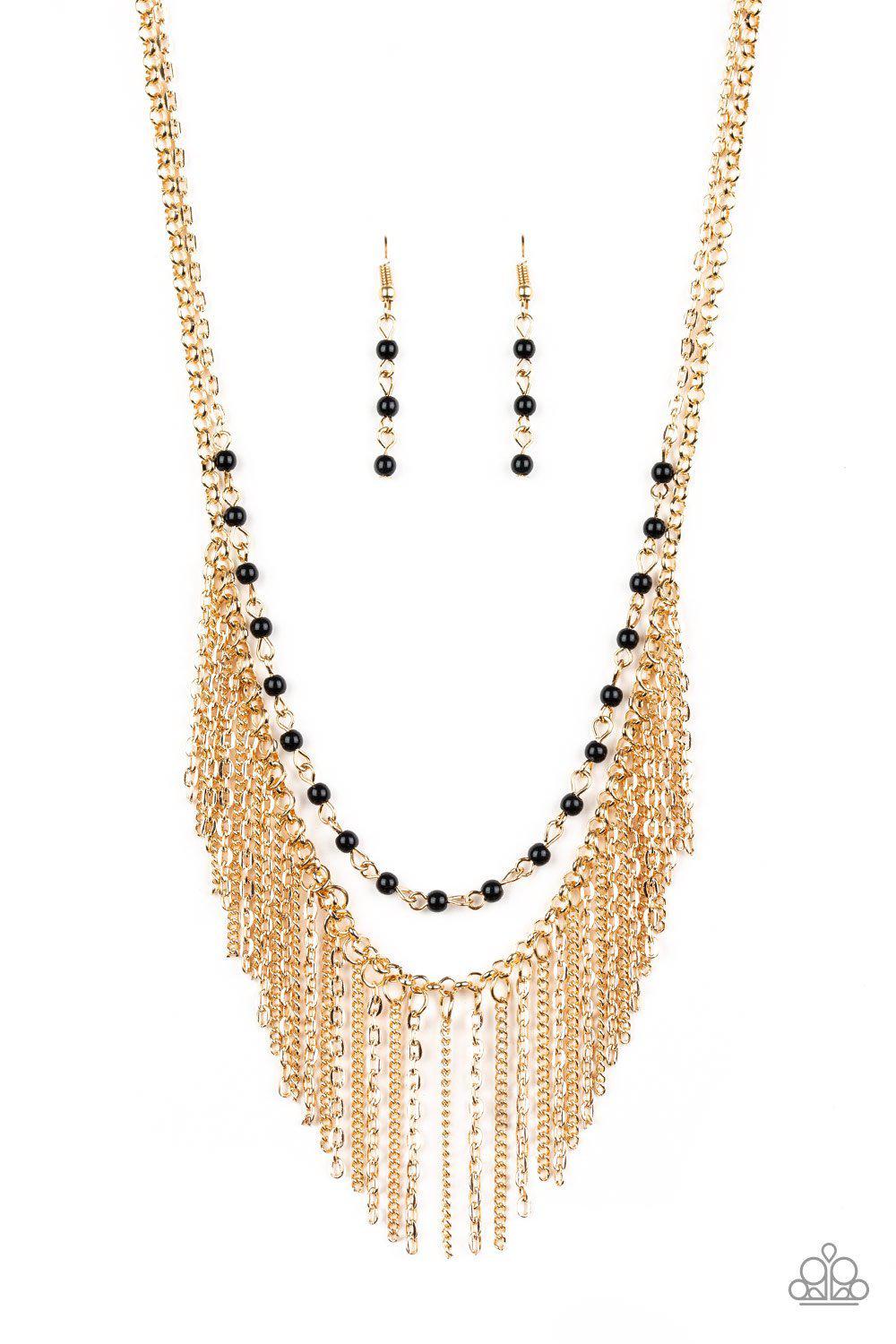 Fierce In Fringe Gold and Black Necklace - Paparazzi Accessories-CarasShop.com - $5 Jewelry by Cara Jewels