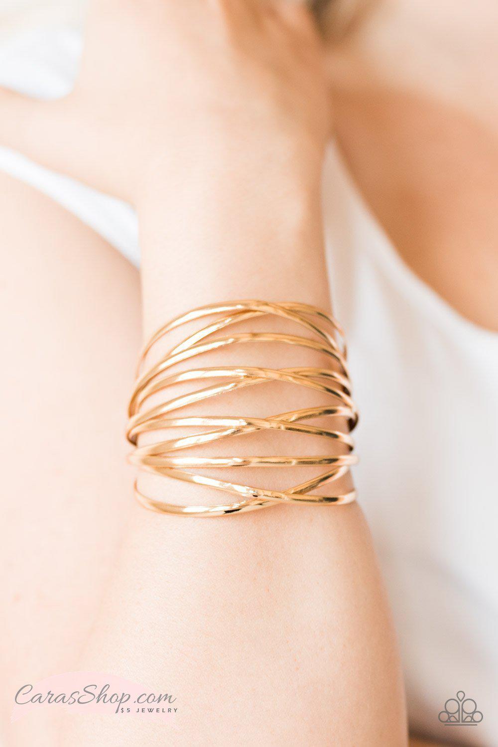 Fierce Things Fierce Gold Cuff Bracelet - Paparazzi Accessories-CarasShop.com - $5 Jewelry by Cara Jewels