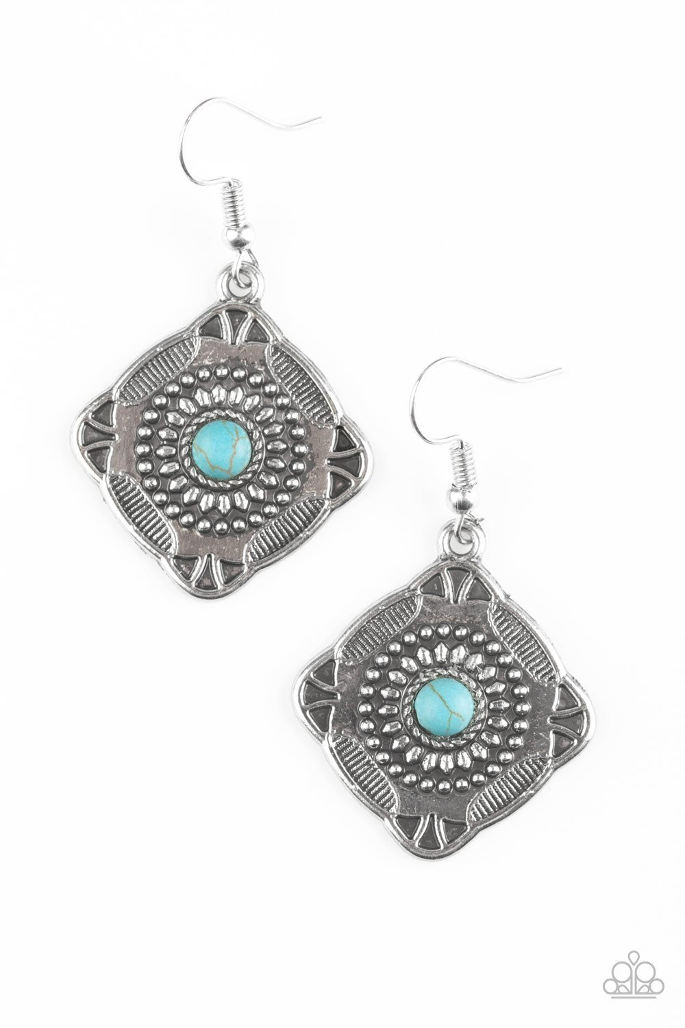 Fiercely Four Corners Blue Earrings - Paparazzi Accessories-CarasShop.com - $5 Jewelry by Cara Jewels