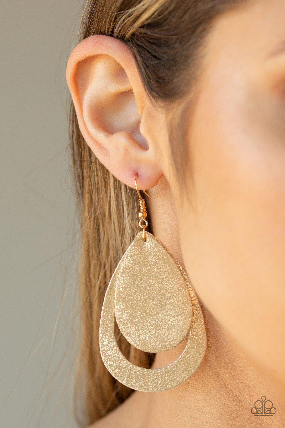 Fiery Firework Gold Leather Earrings - Paparazzi Accessories-CarasShop.com - $5 Jewelry by Cara Jewels