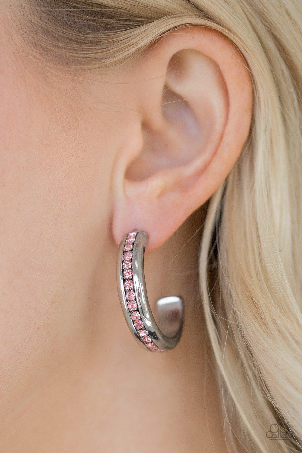 Fifth Avenue Fashionista Pink and Silver Hoop Earrings - Paparazzi Accessories-CarasShop.com - $5 Jewelry by Cara Jewels