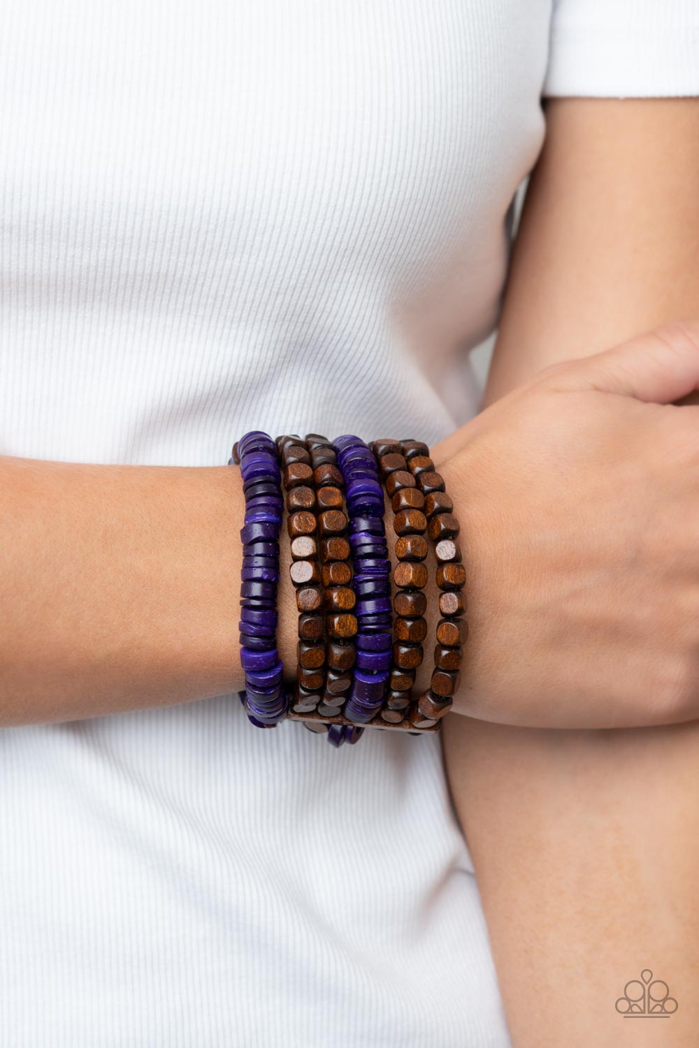 Fiji Fiesta Purple Wood Bracelet - Paparazzi Accessories-on model - CarasShop.com - $5 Jewelry by Cara Jewels