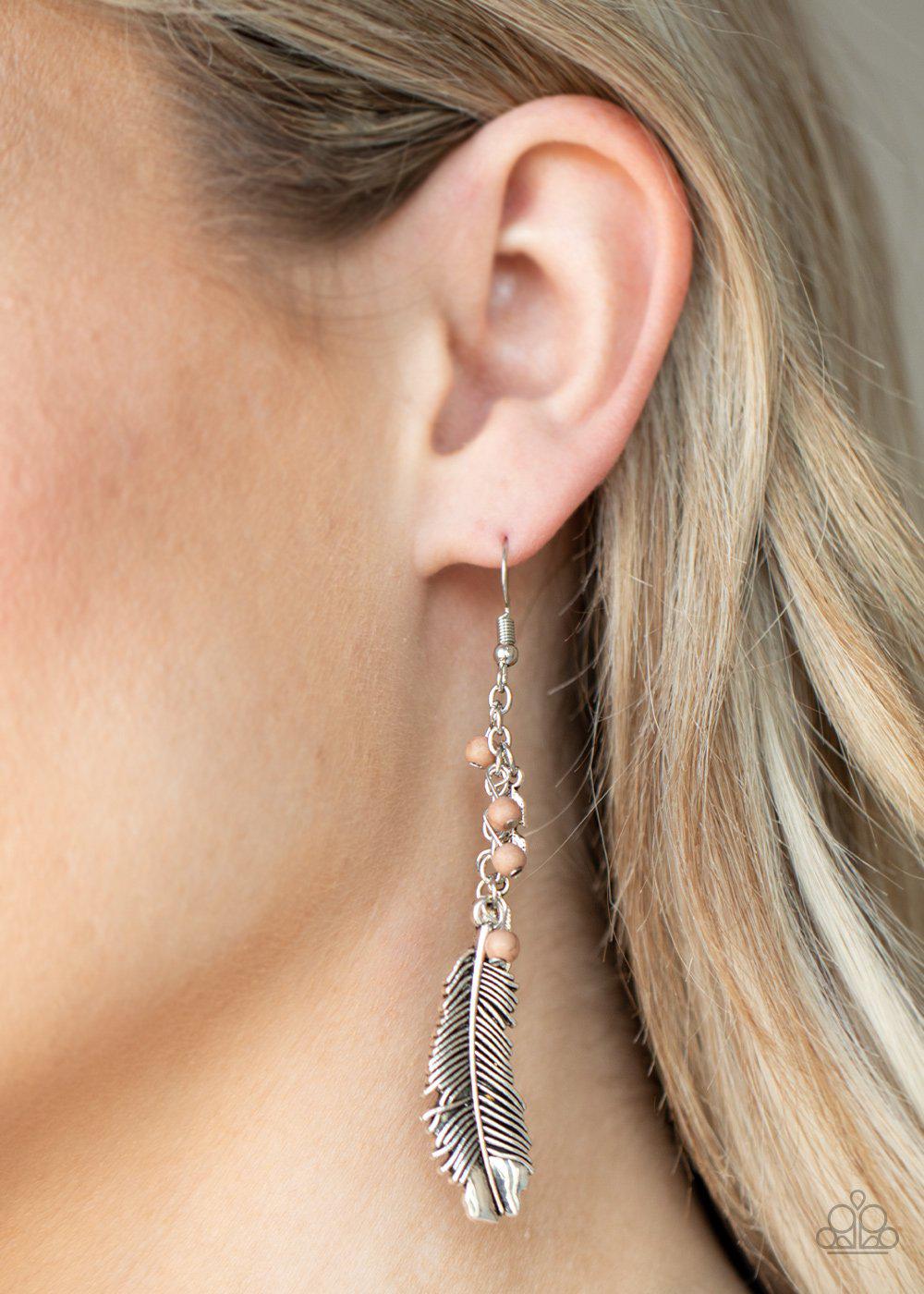 Find Your Flock Brown and Silver Feather Earrings - Paparazzi Accessories-CarasShop.com - $5 Jewelry by Cara Jewels