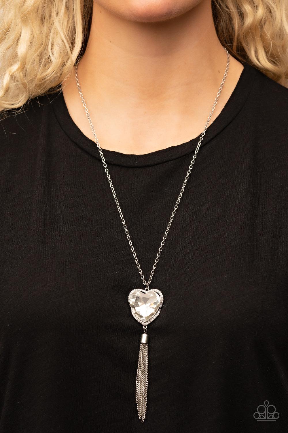 Finding My Forever White Rhinestone Heart Necklace - Paparazzi Accessories- on model - CarasShop.com - $5 Jewelry by Cara Jewels